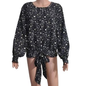 L.N.V Women's Floral Black White and Yellow Long Sleeve Plus Size 1X Blouse Top‎